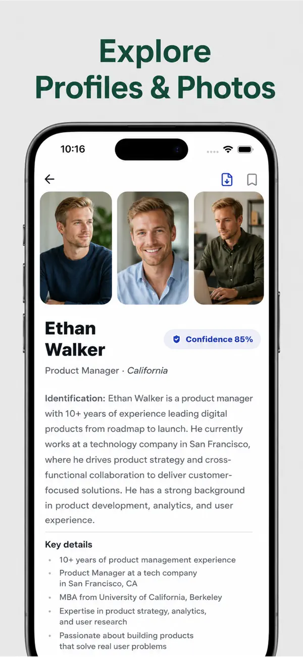 DeepSearch profile with public photo strip, identification, and 85 percent confidence